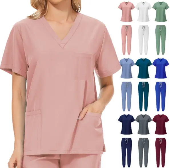 Women Uniforms Medical V-Neck Short Sleeve T-Shirt Casual Blouse with Pocketand Jogger Pant Medical Nursing Scrubs Uniforms