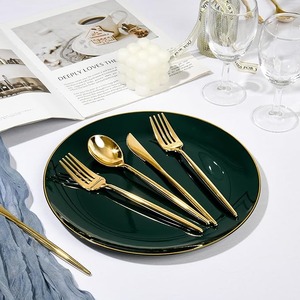 Services de vaisselle jetables en plastique <span class=keywords><strong>vert</strong></span> avec bord doré, assiettes peintes à la <span class=keywords><strong>main</strong></span> anti-fuite pour mariages et fêtes - Product Image 2