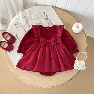 Abbigliamento Autunnale per <span class=keywords><strong>Neonata</strong></span>, Vestito Rosso in Velluto Dorato per Cerimonia dei Cento Giorni, Tutina in Cotone per Bambina - Product Image 3