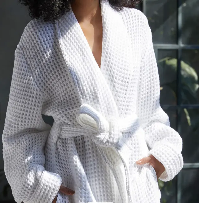 OEM Calf Length Bath Robes for Women Spa 100% Cotton Luxury Lounge Waffle Robe