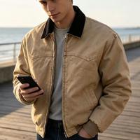 Blouson bomber personnalisé en coton kaki, col rabattu, couleur unie, fermeture éclair