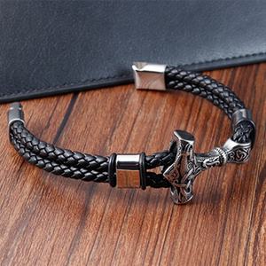 Wholesale Fashion <b>Stainless</b> <b>Steel</b> <b>Men</b> Vintage Viking Genuine Leather <b>Bracelet</b> - Product Image 2
