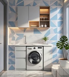 Armoires de blanchisserie minimalistes de haute qualité, armoires de rangement pour buanderie autoportantes, armoires d'évier avec machine à laver - Product Image 1