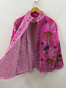 <b>Pink</b> Velvet Suzani Animal Print Quilted Lace Cotton Breathable Button Winter Handmade Uzbek Embroidered Boho <b>Jacket</b> Women Bulk - Product Image 2