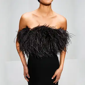 Vestito nero raso di seta da donna, senza maniche, elegante, sexy, piume di struzzo, nappa, festa, abito da sera, offerta speciale, moda, 2022