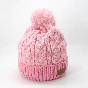 Cable Knit Pompom Beanie <strong>Fleece</strong> <strong>Lined</strong> Soft Acrylic Knitted <strong>Hat</strong> Warm Winter Cap for Outdoor Skiing Custom Leather Patch Thick Cap - Product Image 2