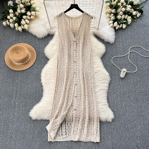 Cardigan en tricot pour <span class=keywords><strong>femme</strong></span> style coréen - <span class=keywords><strong>Gilet</strong></span> <span class=keywords><strong>long</strong></span> ajouré au <span class=keywords><strong>crochet</strong></span> rétro - Product Image 1