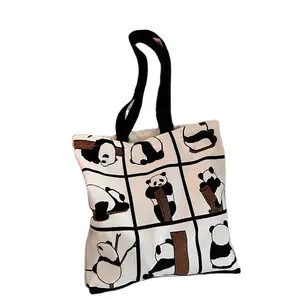 熊猫印花帆布手提袋，可爱卡通设计，大容量，时尚日用女包