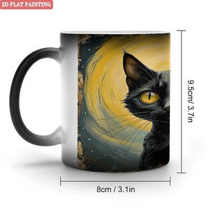Frosted Black 11oz <b>Ceramic</b> Mug Heat Activated Coffee <b>Cup</b> With Cat Art Design - Product Image 1