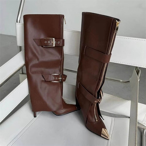 Women's Leather Multi Buckle Knee High Metallic Toe Stiletto <b>Boots</b> Sleek Fashion Ladies Shoes - Product Image 5