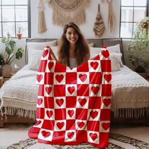 Red White Heart Checkered Plush Throw <b>Blanket</b> Rectangular Modern Style Home Use Four Seasons Warm Cozy Cover - Product Image 2