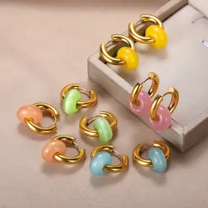 Go Party Stainless Steel Jewelry Pink Quartz Lapis Lazuli Huggie Earrings Candy Color Natural Stone Double Circle Hoop Earrings