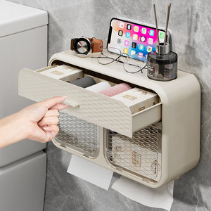 <b>Wall</b> Mounted Toilet Paper Holder Shelf No Drill Waterproof Double Compartment Tissue <b>Box</b> Storage Bathroom Organizer - Product Image 3