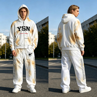 Ensemble de survêtement unisexe 2-en-1 en molleton 100 % coton 400 GSM respirant, délavé à l'acide, avec strass, comprenant un sweat à capuche zippé oversize et un pantalon large, collection automne