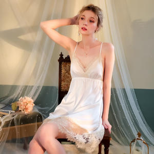 2024 femmes Sexy sous-vêtements <span class=keywords><strong>cils</strong></span> Slip chemise de nuit Satin glace soie pyjama femmes dos nu couleur unie chemise de nuit dentelle vêtements de nuit - Product Image 5
