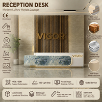 Bureau d'accueil minimaliste haut de gamme, corps blanc, logo rétroéclairé par LED, aménagement personnalisable pour agence de design, boutique, salon, hôtel, clinique