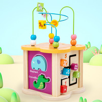 Cube d'activités multifonctionnel en bois à 4 faces avec labyrinthe de perles pour tout-petits – Jouet éducatif précoce de tri de formes