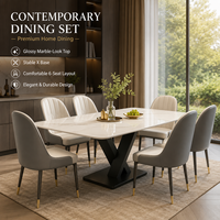 Ensemble de table à manger contemporaine avec 6 chaises, surface en marbre, base en X noire, chaises bicolores, salle à manger, maison familiale