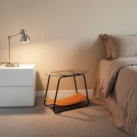 Table d'appoint ovale moderne nordique à 2 niveaux en verre avec cadre noir et poche de rangement orange pour salon, chambre et bureau