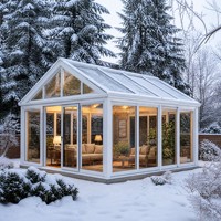 Terraza de cristal para todas las estaciones con techo a dos aguas, puertas corredizas de cristal, marco de aluminio resistente a la intemperie, invernadero para jardín o terraza