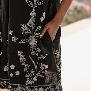 Elegante Vestido de Lino y Algodón con Cuello en V, Casual, Bordado, de Manga Corta, Mini Vestido de Verano para Mujer - Product Image 2