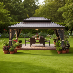 Gazebo in Alluminio D0100H5EBPP 10 X 14 Marrone con Doppio Tetto, Tettoia per Patio Esterno con Tende, Stile Classico Rettangolare - Product Image 2