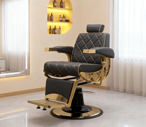 Sillón de Barbería de Lujo Negro y Dorado con Costuras de Diamantes, Respaldo Reclinable Ajustable y Base Hidráulica para Uso en Barberías - Product Image 2