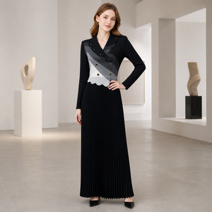 Elegante Vestido Plisado con Estampado de Ondas para Oficina, Estilo <span class=keywords><strong>Blazer</strong></span> para Mujer, Doble Botonadura, Solapa con Cuentas, Vestido Maxi Plisado Miyake - Product Image 3