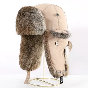 Sombrero de Aviador personalizado con forro de piel de conejo para hombre y mujer, gorro de aviador de ante con solapa para la oreja para invierno