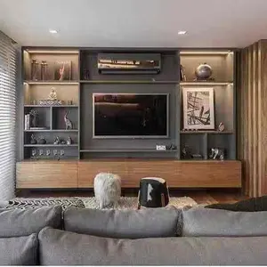 फ्रीस्टाइल आधुनिक डिजाइन पत्थर अनाज प्लाईवुड बोर्ड टीवी कमरे में रहने वाले के लिए खड़े हो जाओ