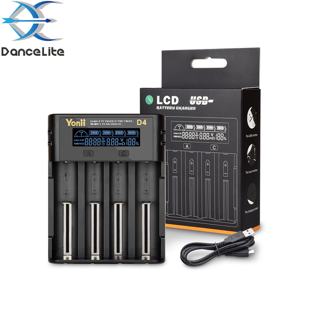 Brand New D4 4-Slots Smart LCD Intelligent Circuitry Global Insurance Li-ion 18650 14500 16340 26650 Battery Charger USB Cable