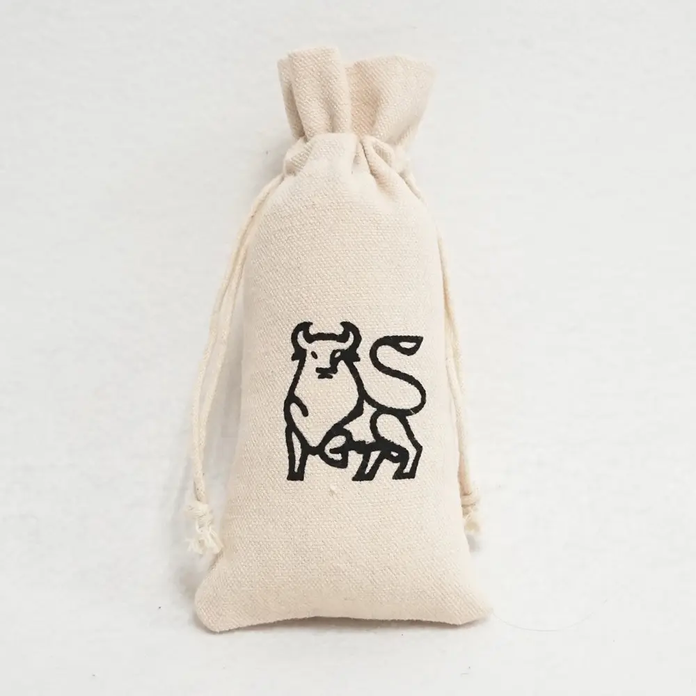 Bolso pequeño de algodón con cordón y logotipo personalizado, promoción de lona natural gruesa lisa, bolsos de doble cordón