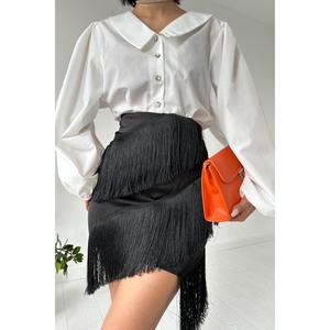 Jupe fourreau en satin noir à franges, taille naturelle, col montant, tenue de soirée - Product Image 2