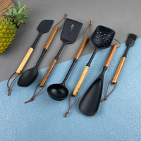 Ensemble de 7 ustensiles de cuisine en silicone avec poignée en bois, antiadhésifs, résistants à la chaleur, antidérapants, anti-brûlure, pour la cuisson et le service