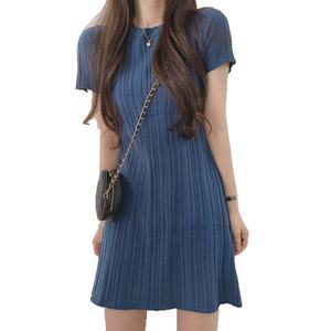 Robe Courte en Maille à Rayures Élégante de Style Coréen Personnalisée pour la Vente en Gros – Robe Mini Unie à Col Rond - Product Image 4