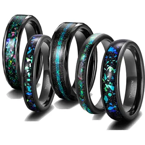 Yeni geldi 8mm 4mm yangın Opal kakma lüks düğün Band nişan yüzükler dövülmüş siyah Tungsten yüzük erkekler ve kadınlar için