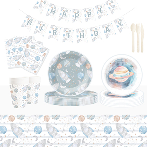 DAMAI New Customized Blue Space Theme Disposable Dessert Dinner <b>Paper</b> Plates Cups Napkin Tableware Set with Rocket - Product Image 1