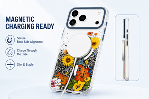 เคสโทรศัพท์ใสลายดอกไม้แม่เหล็กพร้อมดีไซน์ดอกไม้แห้งวิบวับ ป้องกันการกระแทก สำหรับ iPhone Samsung ขายส่ง - Product Image 6