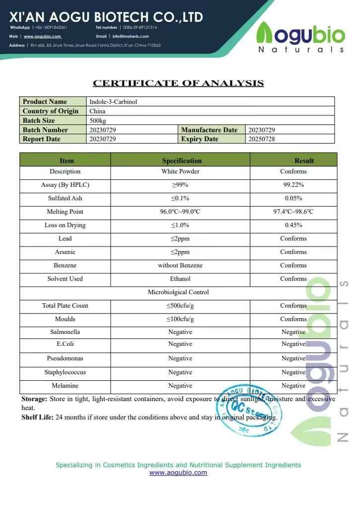 Aogubio Supply Indole 3 Carbinol kualitas tinggi Indole alami-3-carbinol Powder 98%