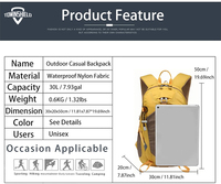 Sac à dos de randonnée 30L pliable, durable, léger, en RPET, pour femmes et hommes, utilisation en extérieur, compatible avec un ordinateur portable de 15,6 pouces