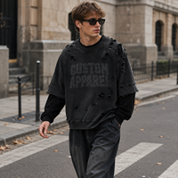 Sudadera para hombre de algodón grueso con capa de felpa, lavado ácido, desgastada y rasgada, color negro, suministro al por mayor
