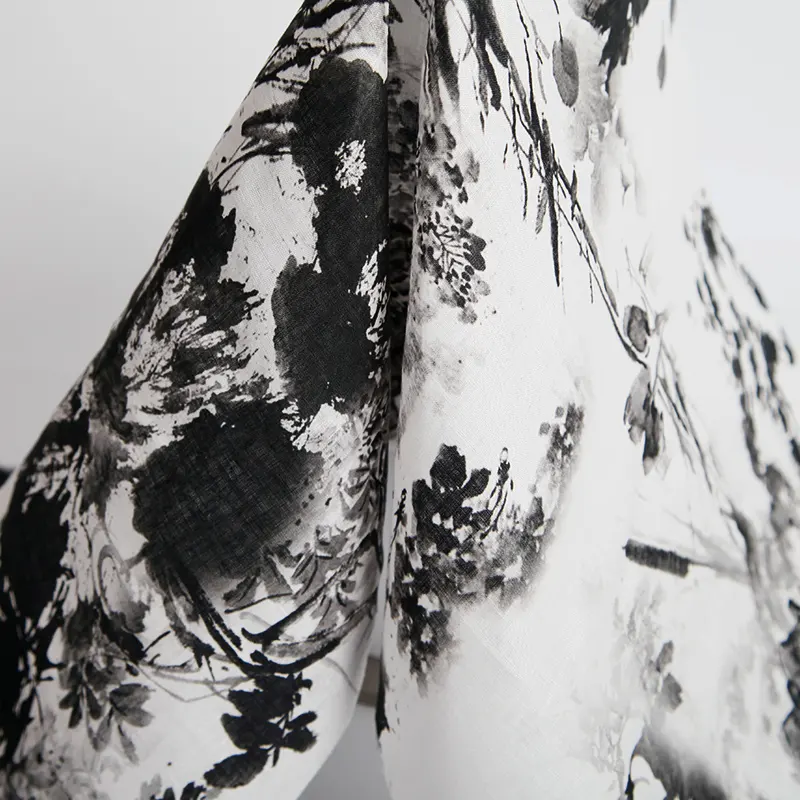 Белая черная ткань с цветочным принтом на заказ, шелковая льняная ткань для одежды