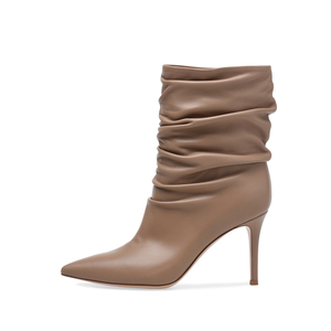 Ladies Thin Heel Winter Short Boots Grande Taille Femmes <span class=keywords><strong>Nude</strong></span> Slip on Slouch Booties Pointy Toe High Heel Pleated Black Ankle Boots - Product Image 5