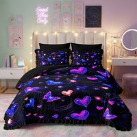 Ensemble de literie 7 pièces pour filles avec volants, motif galaxie noire, cœur et papillon scintillant, comprenant couette, drap plat et drap-housse