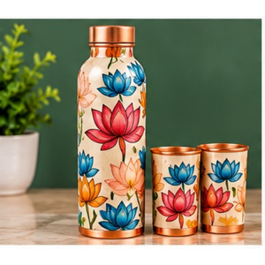 Ensemble de bouteilles d'eau vintage en cuivre avec deux tasses, motif arbre, vaisselle écologique - Product Image 4