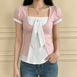 School Girl Cute Polka Dot Breathable Summer Two Piece <b>Tie</b> Front Belt Casual Commute Short Sleeve T-Shirt - Product Image 5