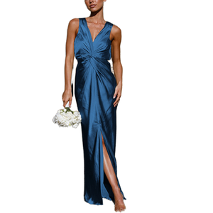 Alla moda abito <span class=keywords><strong>lungo</strong></span> senza maniche in raso <span class=keywords><strong>con</strong></span> <span class=keywords><strong>spacco</strong></span> <span class=keywords><strong>blu</strong></span> abiti da sera lunghi per banchetti abiti da sposa <span class=keywords><strong>blu</strong></span> - Product Image 1