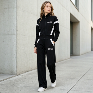Conjunto de 2 piezas de ropa de descanso personalizado para mujer, color negro, top con cremallera completa y cuello alto, pantalones de pierna ancha, chándal deportivo - Product Image 2