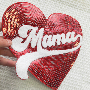 Personalizado al por mayor de alta calidad corazón brillo lentejuelas grande Chenille Mama letras bordado hierro en parches para ropa - Product Image 2