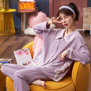 Pijamas de Algodón <span class=keywords><strong>Pima</strong></span> Casuales Personalizadas al por Mayor, Ropa de Dormir para Mujer, Ropa de Casa, Pijamas de Primavera y Otoño para Chicas - Product Image 4